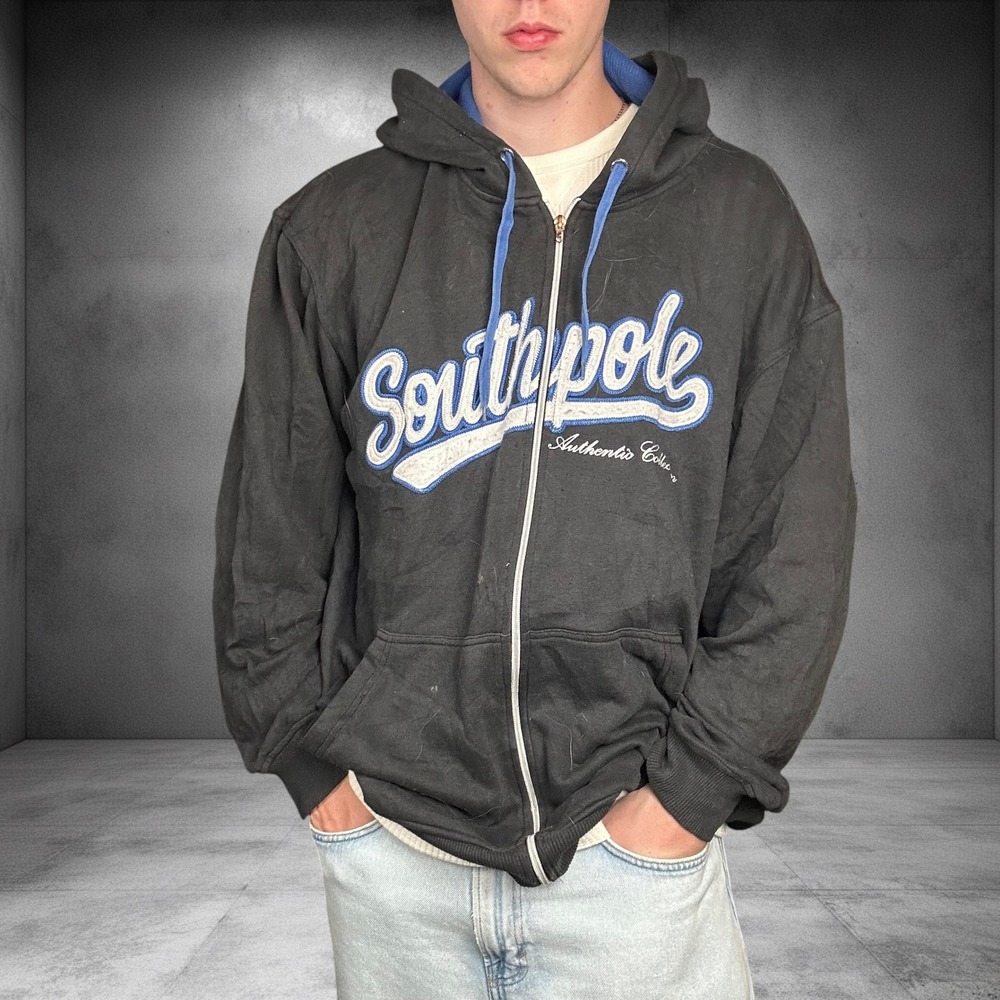 Vintage Southpole Zip Up Hoodie XXL Black Blue Y2K Baggy Skater Streetwear